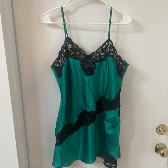 Victoria's Secret Other - Vintage Victoria's Secret Gold Label Green Satin Black Lace Slip Dress Chemise M